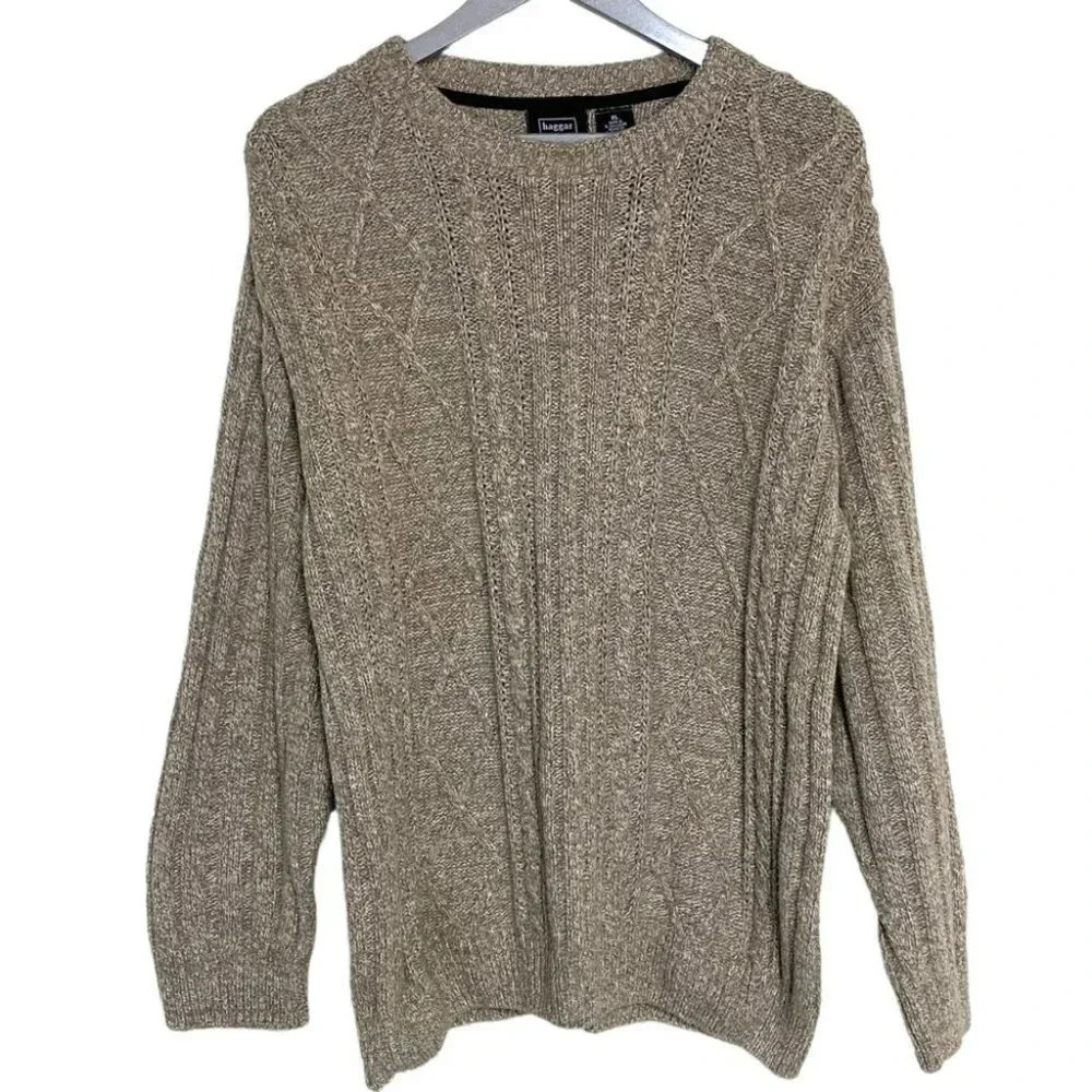 Haggar XL oatmeal‎ cable knit cotton blend crew neck sweater